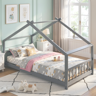 Sunvega Full Size Playhouse Design Wood Bed with Roof for Kids Room