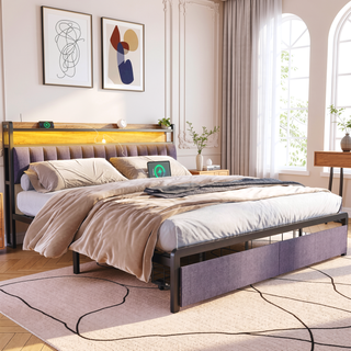 Sunvega King Size LED Upholstered Bed Frame with Storage Headboard and Charging Station