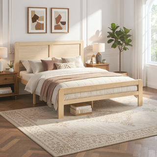 Sunvega Contemporary Natural Finish Full Size Platform Bed Frame with Headboard