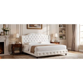 Sunvega Elegant Transitional White Upholstered Queen Bed with Soft Cozy Fabric