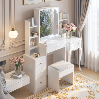 Sunvega Small Space Left Bedside Cabinet Vanity Table with Cushioned Stool