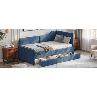 Sunvega L-Shaped Semi-Enclosed Upholstered Corduroy Daybed Frame with 2 Storage Drawers