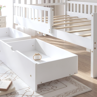 Sunvega Twin Size Walnut Wood Platform Bed with Guardrails and Two Storage Drawers