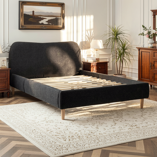 Sunvega King Upholstered Platform Bed with Curved Headboard in Oatmeal Chenille