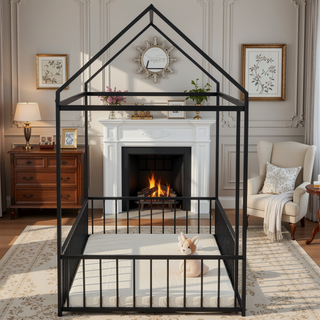 Sunvega Full Size Playhouse Metal Bed Frame with Fence for Kids and Teens