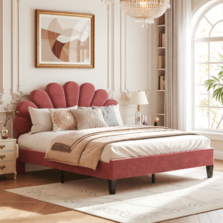 Sunvega Queen Size Upholstered Platform Bed with Flower Pattern Velvet Headboard