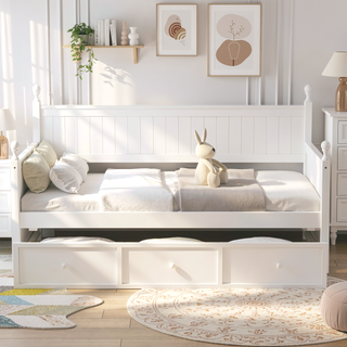 Sunvega White Twin Size Pine Wood Daybed with Three Storage Drawers and Slatted Panels