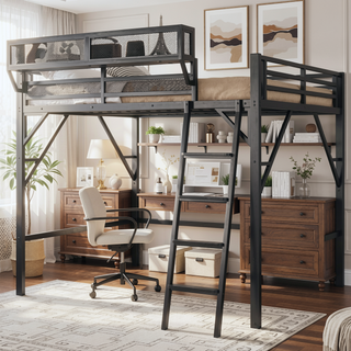 Sunvega Full Metal Loft Bed with Storage Shelf and Ladder for Kids Teens