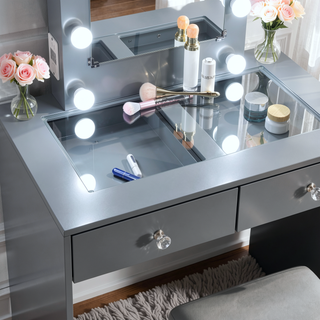 Sunvega Gray Makeup Vanity Stool Set with 10 Lights USB Port and Outlet
