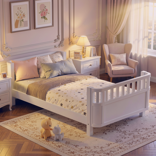 Sunvega White Twin Wood Platform Bed for Kids with Safety Rails and Low Profile