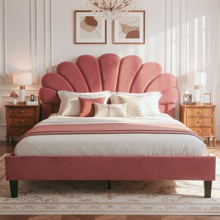 Sunvega Queen Size Upholstered Platform Bed with Flower Pattern Velvet Headboard
