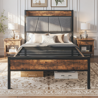 Sunvega Full Size Bed Frame with Storage Headboard and Charging Station Outlets