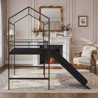 Sunvega Twin Size Metal Loft Bed with Slide and Two-Sided Writable Wooden Board