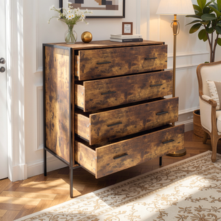 Sunvega Industrial Rustic Brown Wood Dresser with 4 Drawers and Steel Frame