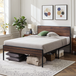 Sunvega White Oak Metal and Wood Platform Bed with Headboard and Footboard for King