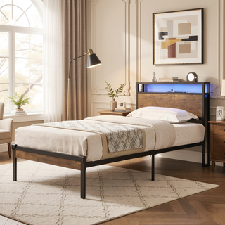 Sunvega Modern Twin Size Metal Platform Bed Frame with Wooden Headboard and USB LINER
