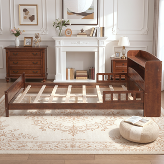 Sunvega Full Pine Wood Bed with Bookcase Headboard and LED Motion Sensor Light