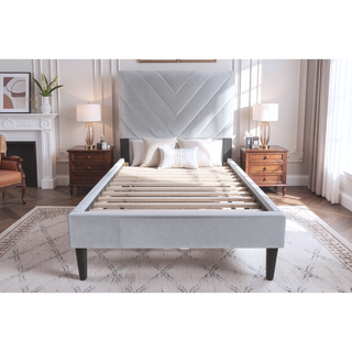 Sunvega Adjustable Velvet Upholstered Twin Bed with 12-Slat Support System