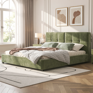 Sunvega King Size Velvet Bed Frame with Curved Tufted Headboard and Square Corners