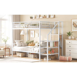 Sunvega Twin Over Twin Metal Bunk Bed with Lateral Ladder and Wardrobe in White