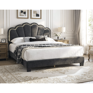 Sunvega Full Size Bed with Floral Design Headboard in Charcoal Wool Fabric