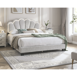 Sunvega White Queen Size Upholstered Wool Floral Headboard Bed with LED Lights