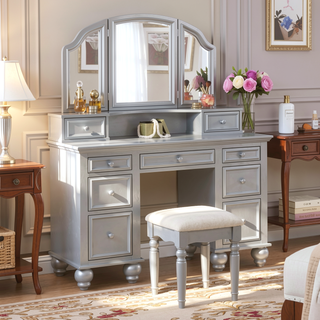 Sunvega Silver Transitional Vanity Set with Stool and 3-Sided Mirror