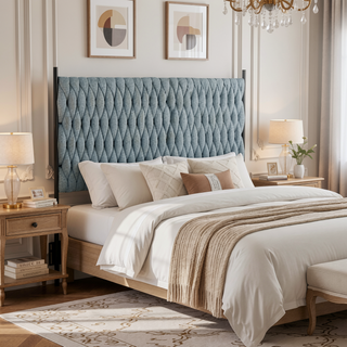 Sunvega Queen Size Headboard with Braided Fabric Upholstery and Black Metal Frame