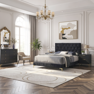 Sunvega Black and Gold Diamond Tufted Upholstered Eastern King Panel Bed Frame
