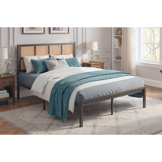 Sunvega White Faux Cane Panel Headboard King Platform Bed with Metal Frame