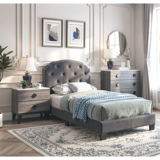 Sunvega Queen Size Charcoal Burlap Button Tufted Headboard Bed with Nailhead Trim