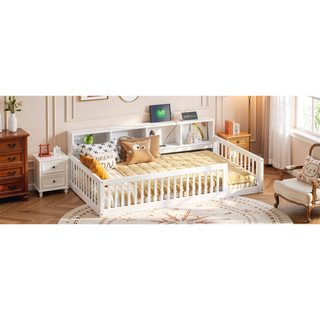 Sunvega White Wood Twin XL Floor Bed with Storage Cabinets and USB Charging Ports