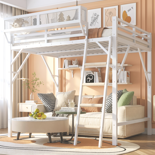 Sunvega Full Metal Loft Bed with Storage Shelf and Ladder for Kids Teens