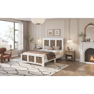 Sunvega White Farmhouse Queen Platform Bed with Wooden Strip Decoration and Plywood Slats