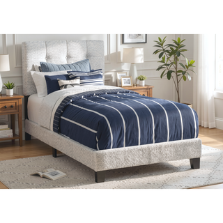 Sunvega Twin Size Upholstered Bed Frame in Light Grey Boucle with Tufted Headboard