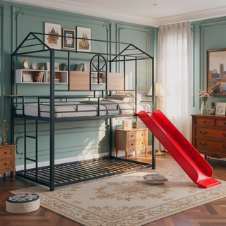 Sunvega Twin Over Twin Metal Bunk Bed With Slide And Playhouse Design In Three Colors