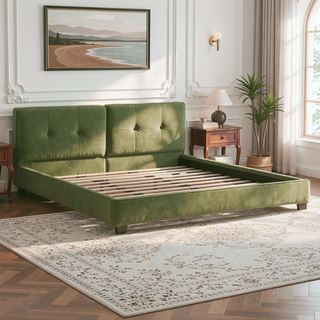 Sunvega King Size Velvet Bed Frame with Curved Tufted Headboard and Square Corners
