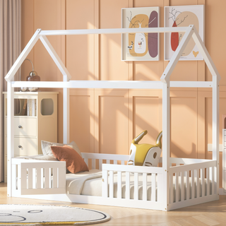 Sunvega Twin Size Wood House Bed with Fence Door and Distressed Washed Design