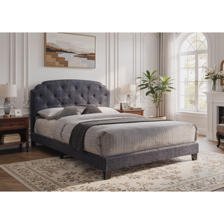 Sunvega Gray Fabric Queen Bed with Elegant Arched Headboard and Low-Profile Footboard