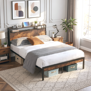 Sunvega Modern Twin Size Metal Platform Bed Frame with Wooden Headboard and USB LINER