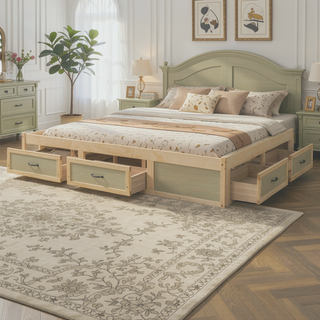 Sunvega Antique Natural Queen Size Platform Bed with 6 Spacious Storage Drawers