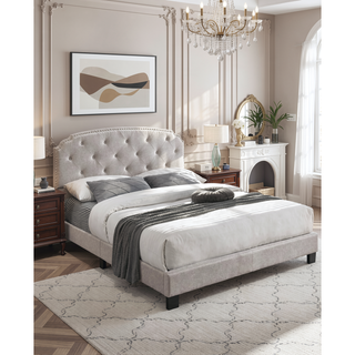Sunvega European Style Light Brown Burlap Button Tufted Queen Size Headboard
