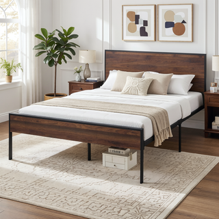 Sunvega White Oak Metal and Wood Platform Bed with Headboard and Footboard for King
