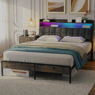 Sunvega Queen Bed Frame with Ergonomic Headboard RGB LED Lights and Charging Station