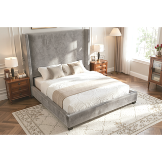 Sunvega Queen Upholstered Pleated Bed in a Box with Sturdy Dark Brown Frame