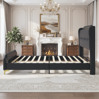 Sunvega Queen Size Leather Bed Frame with Wingback Headboard and Gold Metal Decor