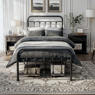 Sunvega Victorian Style Queen Size Metal Platform Bed Frame with Headboard and Under Bed Storage