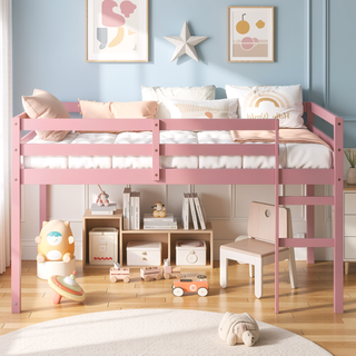 Sunvega Espresso Rubber Wood Low Height Loft Bed with Ladder for Bedroom
