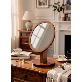 Sunvega 9.5 Inch Tall Walnut Finish Polyresin and Wood Pedestal Makeup Mirror