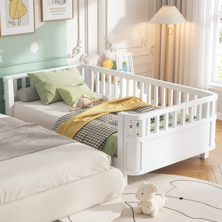 Sunvega Low Profile Twin Wood Platform Bed with Safety Rails for Kids Room